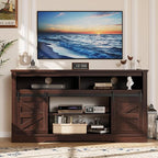 YESHOMY Fireplace TV Stand for Television up to 65+ Inch with Storage and Farmhouse Sliding Barn Doors, Entertainment Center with Cabinet and Shelves, Media Console for Living Room, Dark Brown