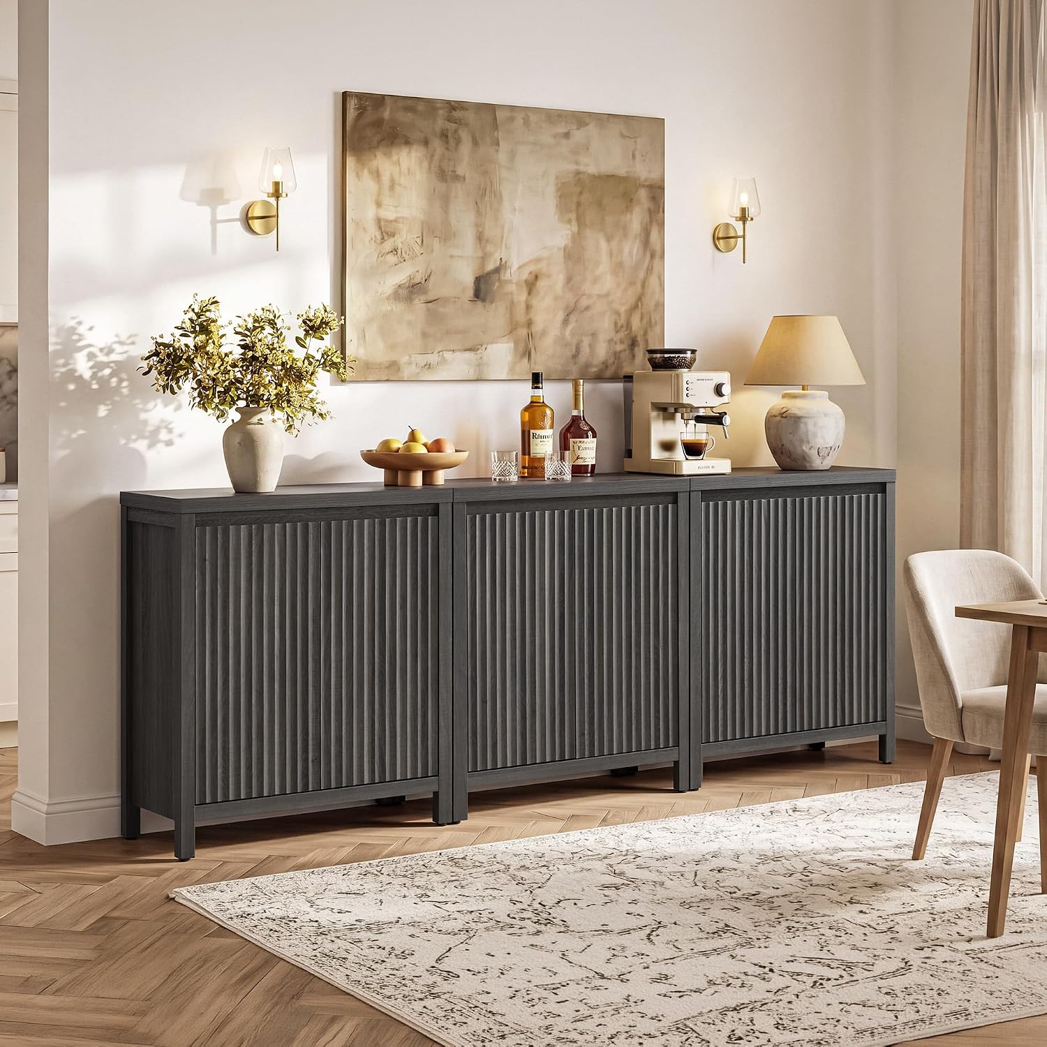 SICOTAS Sideboard Buffet Cabinet with Storage, Fluted Credenza Buffet Table | Console Cabinet with Adjustable Shelves, Modern Coffee Bar Storage Cabinet for Kitchen, Living Room, Black Oak, 2 PCS