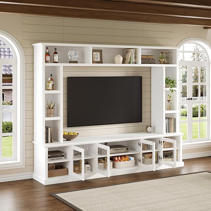 Merax 95" Entertainment Center for TVs up to 80", All-in-One TV Stand with Bookshelves & Storage Cabinets & Tempered Glass Doors & Adjustable Shelves, Modern Living Room Wall Unit Media Console, White