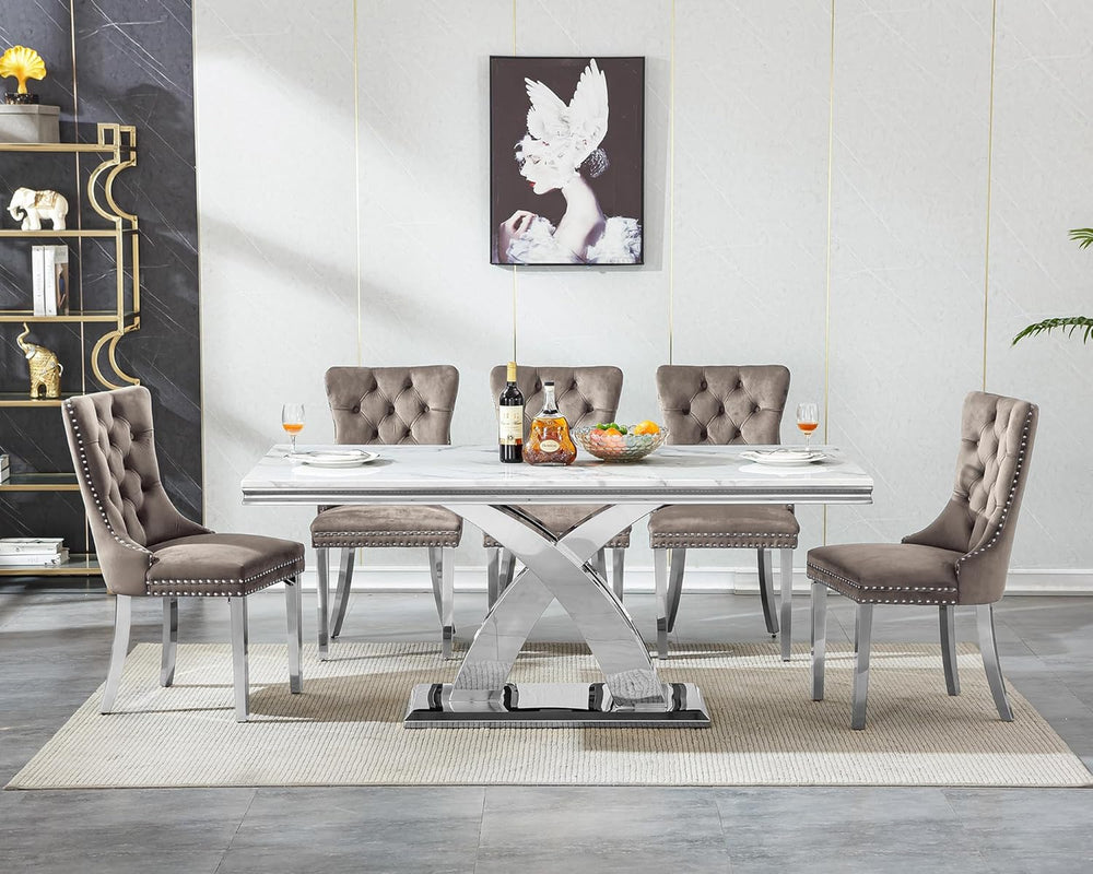 68" Marble Dining Table Set for 6, Modern Rectangle Dining Room Table Se...