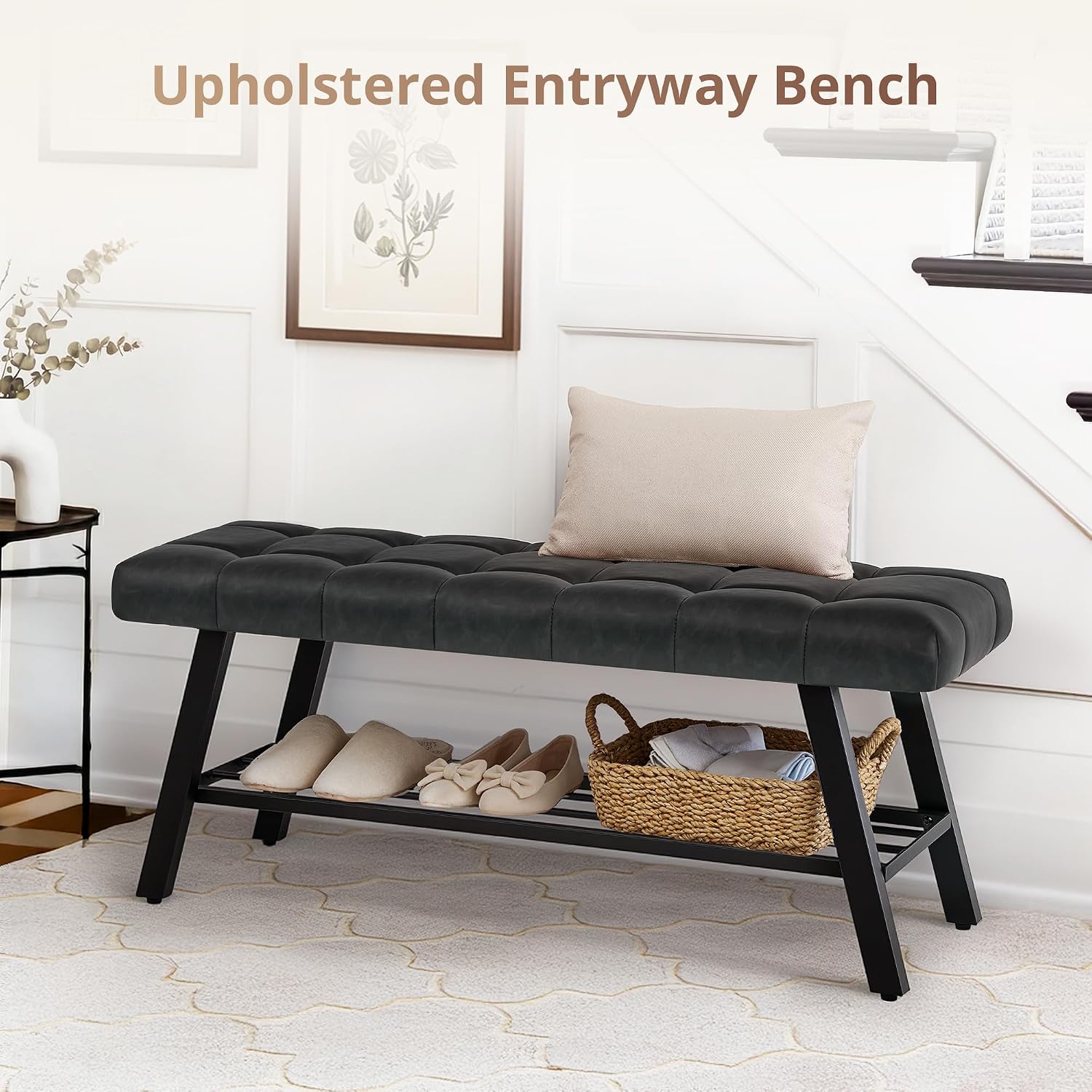 LUE BONA 45" Entryway Bench with Storage Shelf, End of Bed Bench with Tufted Faux Leather Seat, Bedroom Bench with Metal Frame, 330 LBS Capacity for Entryway, Living Room, Hallway, Black