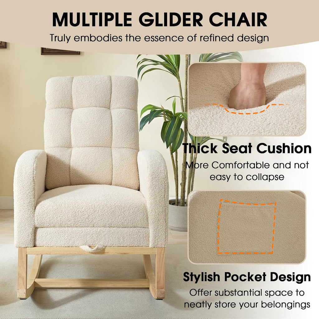NIOIIKIT Modern Nursery Rocking Chair, Teddy Upholstered Rocking Chair with Footrest, Comfortable Rocker Recliner with Side Pocket, Rocker Glider for Living Room, Bedroom, Nursing Room (Beige)