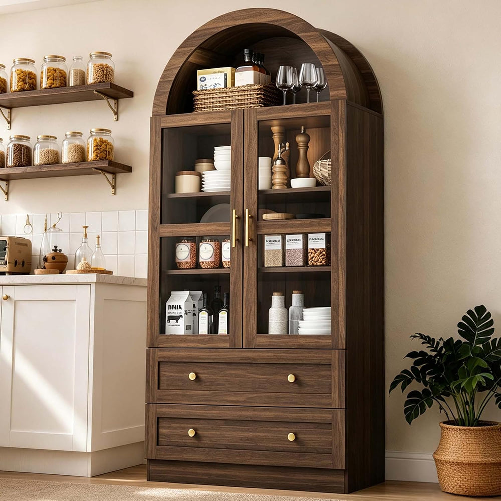 71" Tall Arched Kitchen Pantry Cabinet, Modern Farmhouse Kitchen Storage...
