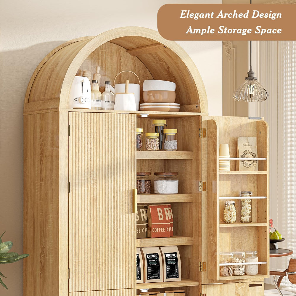 OFIKA 71" Arched Kitchen Pantry Cabinet, Fluted Wood Storage with 3 Shel...