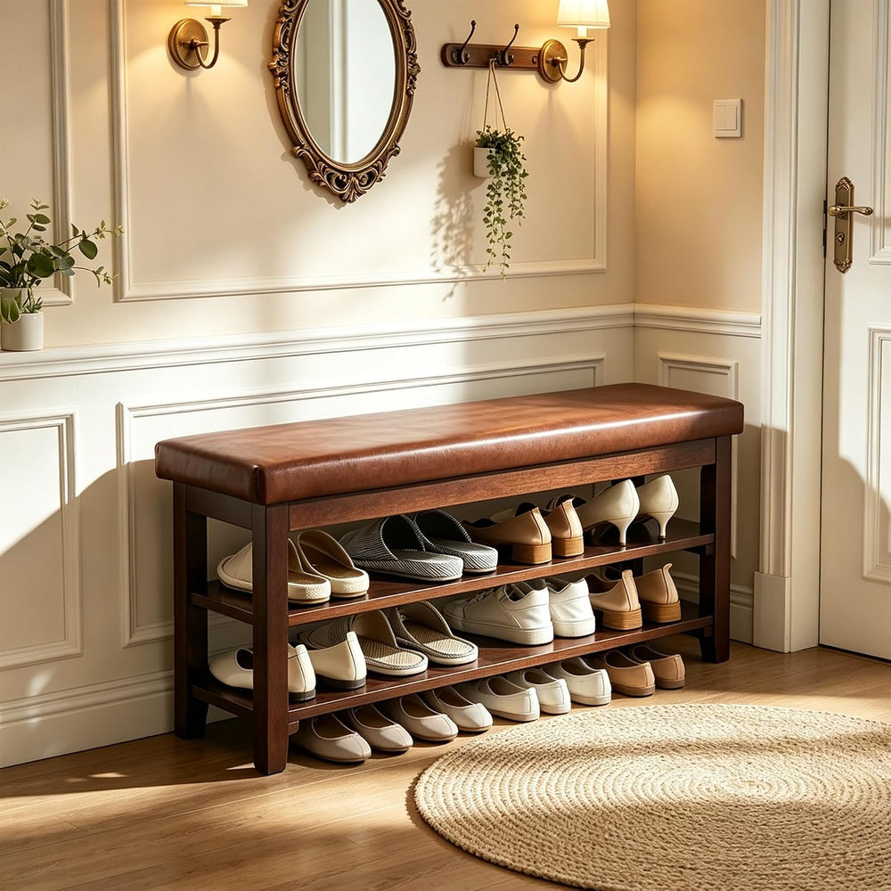 40" Shoe Bench with Leather Cushion, Upholstered Entryway Bench, Dark Br...