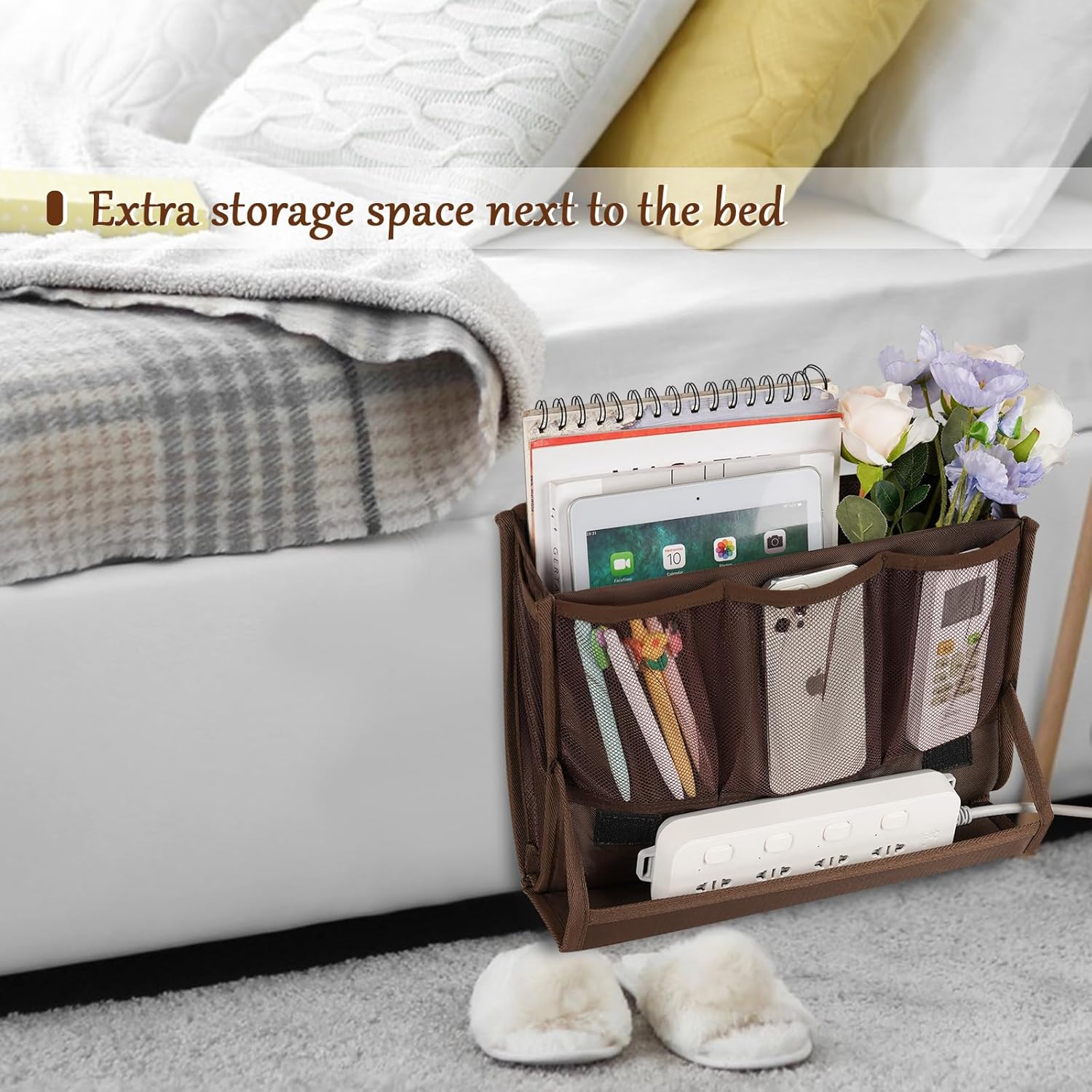 Bedside Storage Organizer with Power Strip Holder and Adjustable Straps Bed Hanging Bag for Home Bunk Bed Dorm Sofa (Brown)