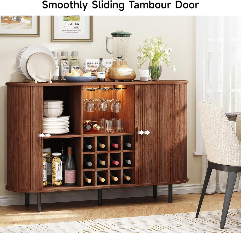 ONBRILL 55" Wine Bar Cabinet with LED Light, Modern Fluted Liquor Whiskey Home Bar with Wine Rack and Glass Holder, Farmhouse Buffet Sideboard with Storage for Living Room, Kitchen, Entryway (Walnut)