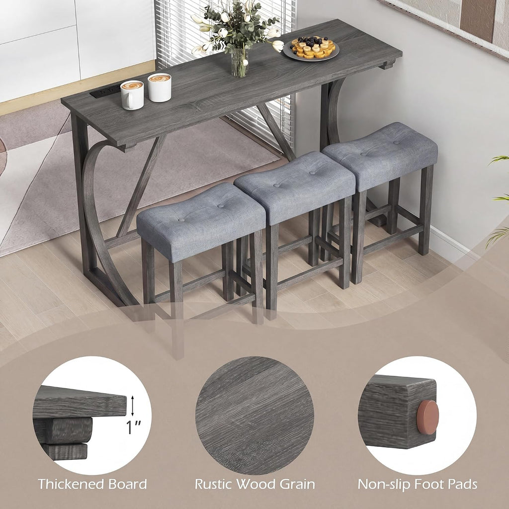 COSTWAY 4-Piece Farmhouse Bar Table Set with Power Outlet | Counter Height Dining Table Set w/ 3 Upholstered Stools, Wood Console Table Set for Kitchen, Dining Room, Living Room, Gray