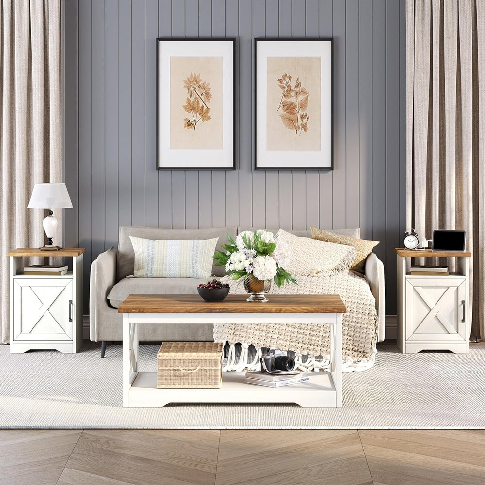 LUXOAK 3 Piece Living Room Table Set with Barn Door, Distressed White | Inclu...