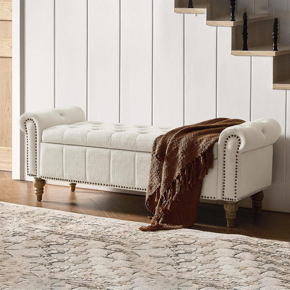 HULALA HOME Farmhouse Upholstered Storage Bench, End of Bed Bench with Vintag...