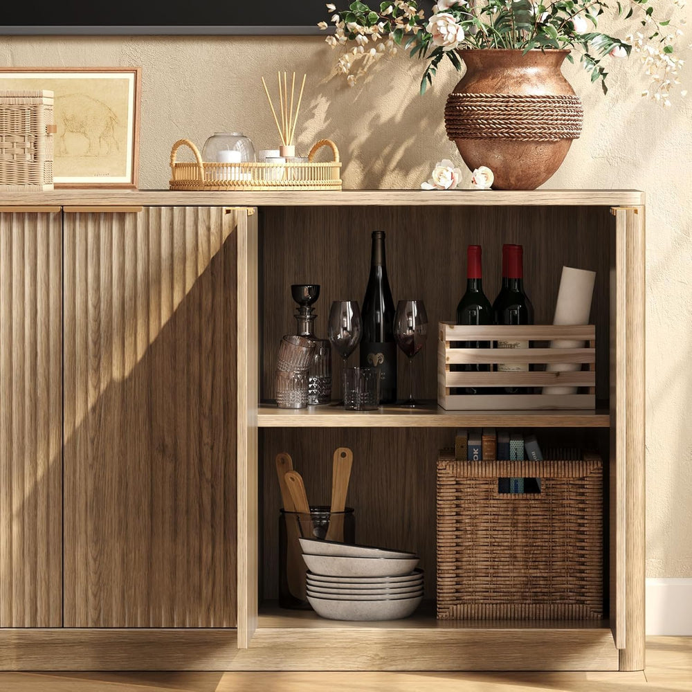 67 Inch Fluted Oak Buffet Cabinet Sideboard with 6 Doors, Large Wood Credenza...