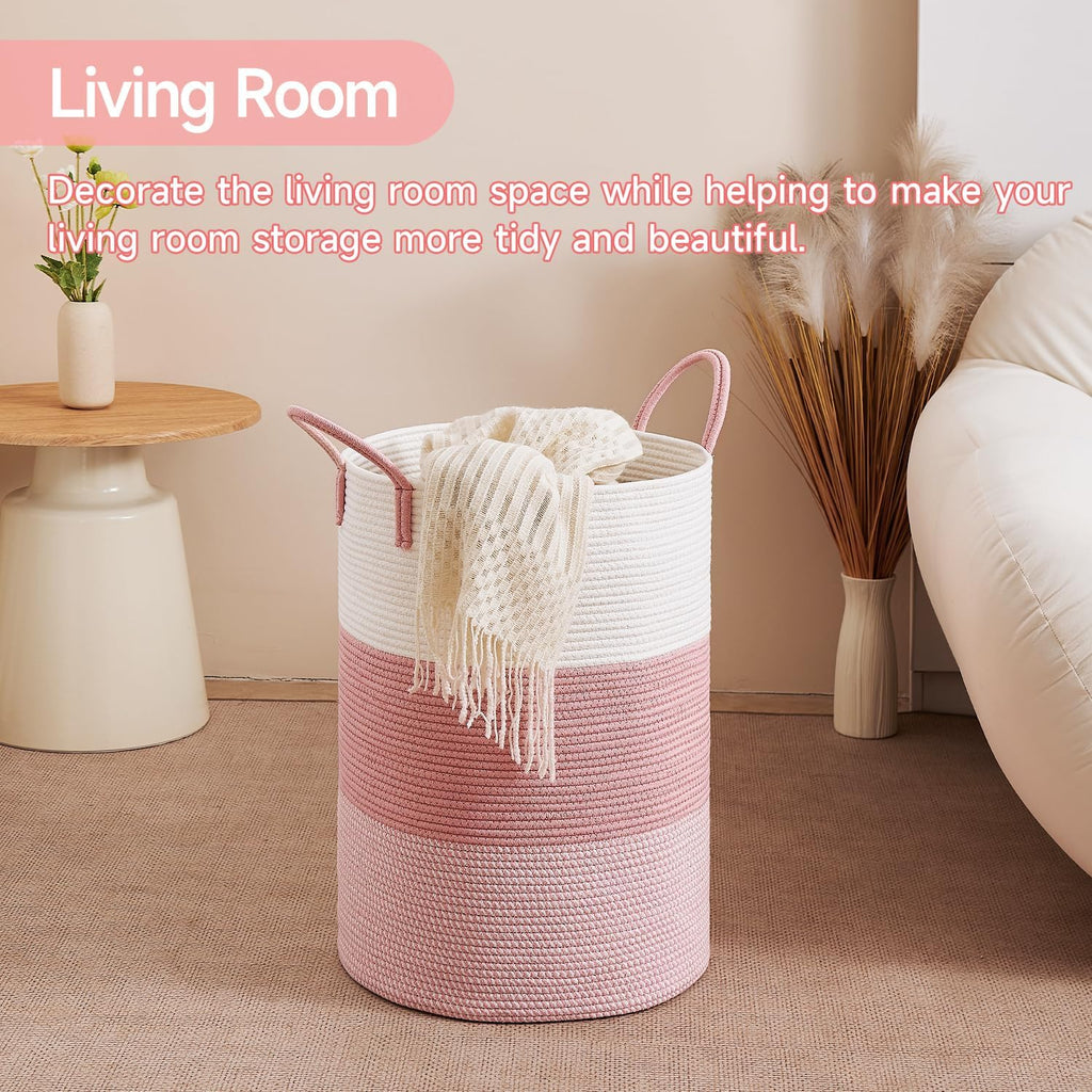 CLHMILY&Z 80L Laundry Basket Round Storage Rope Basket - 16.5x22.5 Inches - Pink Hamper in Bedreoom and Cute Storage Bin for Blankets, Toys, and Nursery Essentials