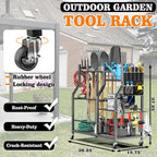 Large Garden Tool Organizer, 36" L x 37.25" H Metal Yard Tool Storage Rack with Multi Tier Shelves, Long-Handle Tool Holder with Wide & Narrow Slots, Hooks & Storage Pockets for Garage