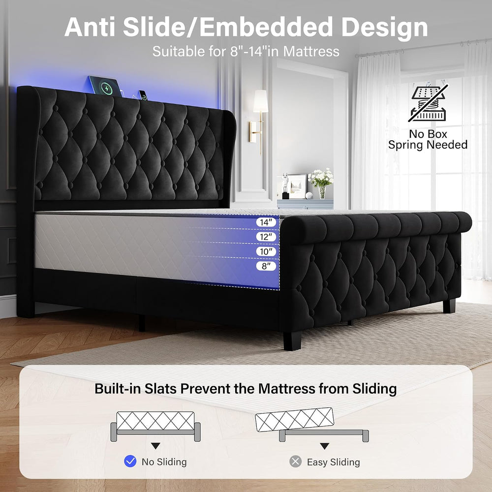 Queen Size Bed Frame with Headboard, Velvet Upholstered Bed Frame