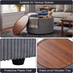Homebeez 28” Round Storage Ottoman,Ottoman Coffee Table with Tray,Corduroy | Modern Ottomans with Storage with Anti-Slip Rubber Feet for Living Room, Bedroom, Apartment, Gray