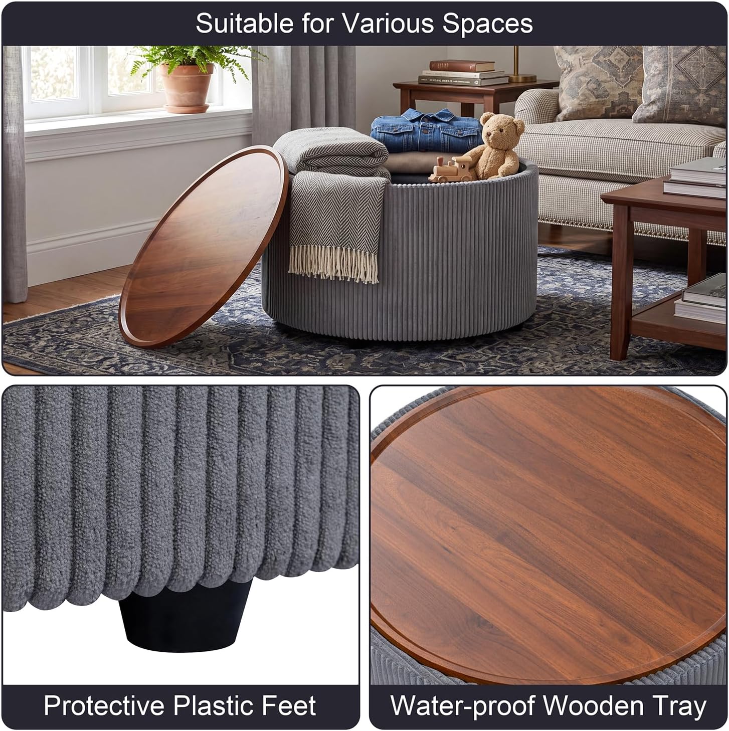 Homebeez 28” Round Storage Ottoman,Ottoman Coffee Table with Tray,Corduroy | Modern Ottomans with Storage with Anti-Slip Rubber Feet for Living Room, Bedroom, Apartment, Gray