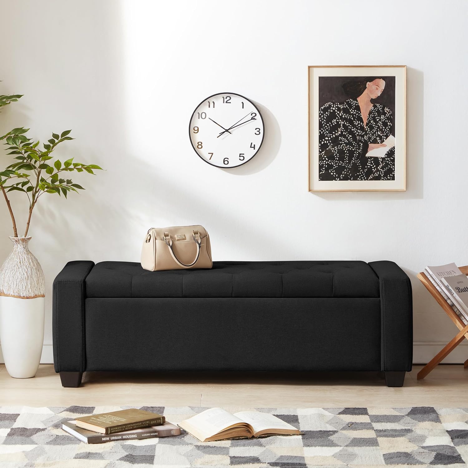 48" Ottoman with Storage, Black Storage Ottoman Bench with Safety Hinge | Upholstered Entryway Bench with Seating for Bedroom, Living Room, Holds up to 330 lb