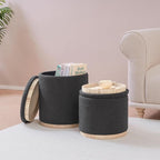 PINPLUS Round Ottoman with Storage Set of 2, Storage Ottoman with Tray, Teddy Velvet Ottoman Storage Modern Multifunctional Foot Rest Stool for Bedroom, Living Room, Dorm (Dark Grey)