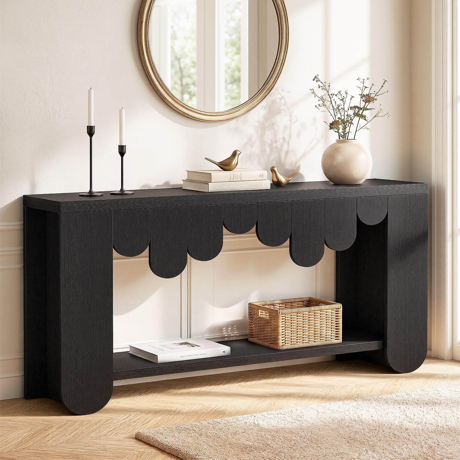 IBF Black Oak Console Table, 63” Long Wood Entryway Table with Storage | 2-Tier Modern Sofa Table Behind Couch for Home Living Room, Rectangular Entry Table for Hallway Entrance Foyer Front Door