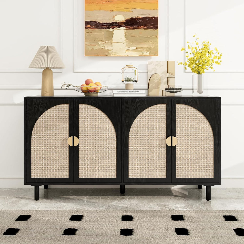 vistavie Black Rattan Buffet 4-Door Storage Cabinet with Adjustable Shelves, ...