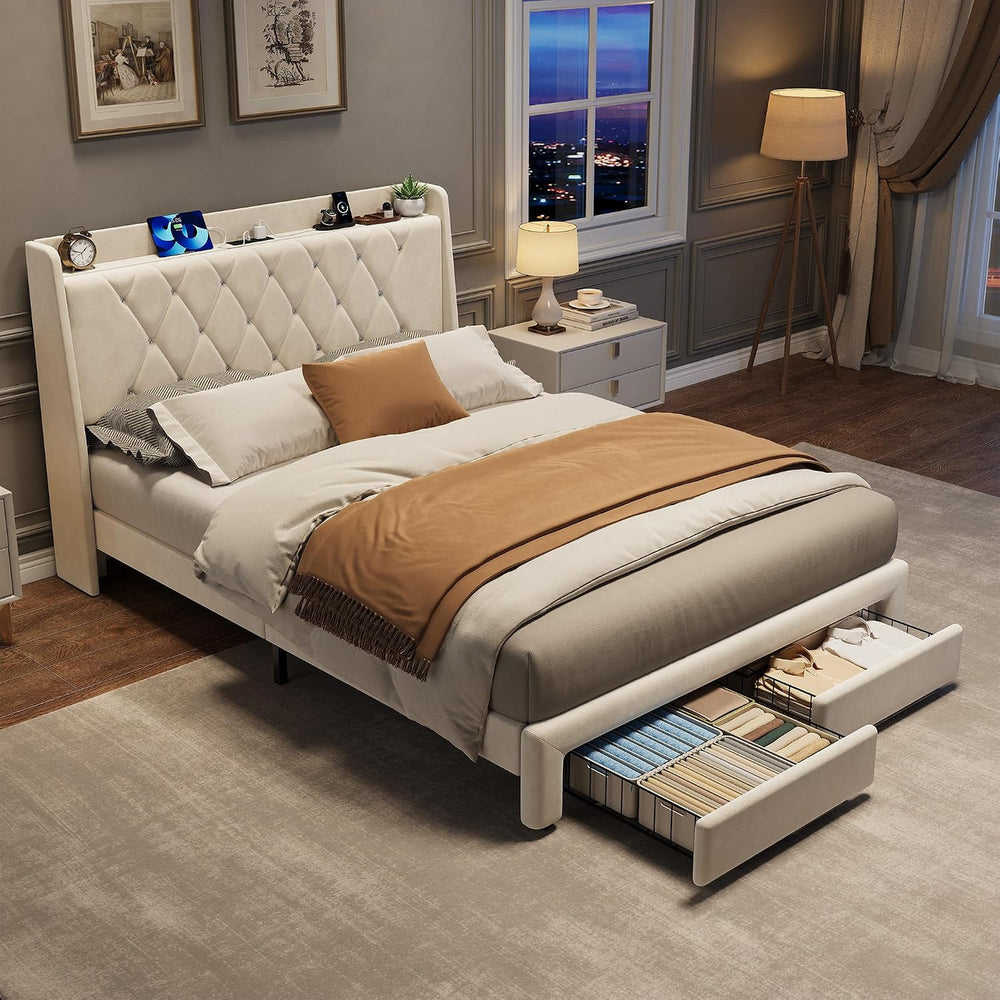 Garvee Full Size Bed Frame with Storage, Velvet Upholstered Platform Bed Fram...