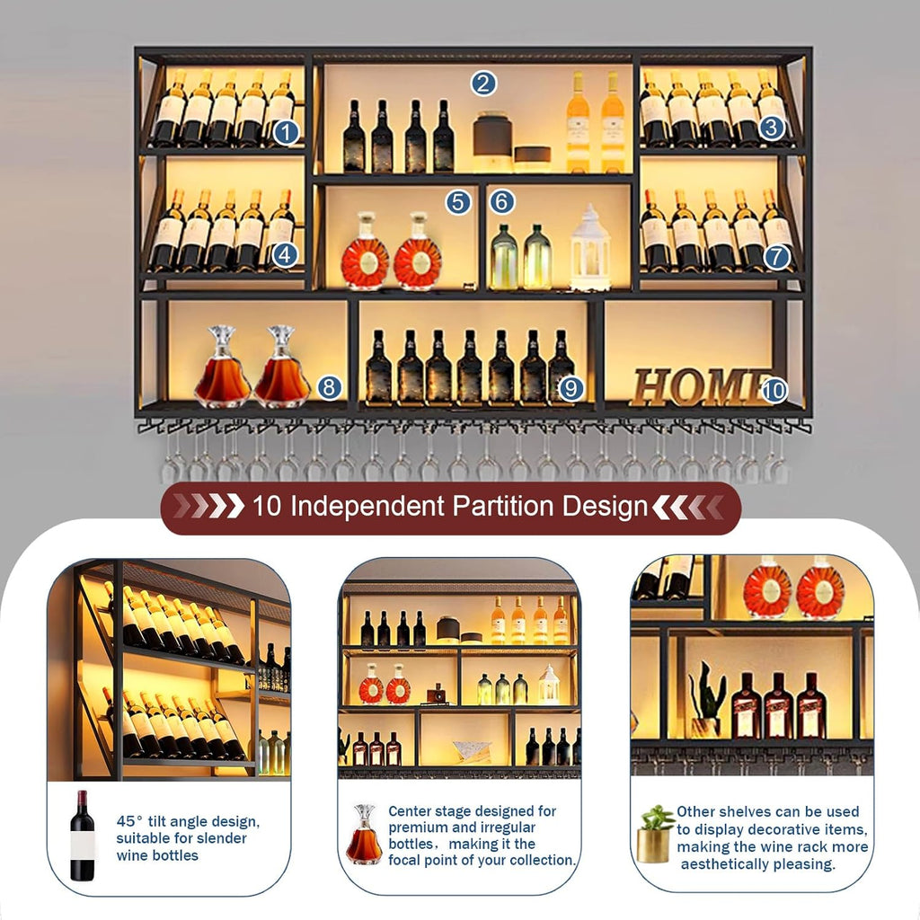 3 Tier Large Wine Rack Wall Mounted with Glass Holder, Black Modern Iron Liquor Shelf, 70.8 Inch Large Wine Bottle Display Shelf, for Kitchen Dining, Home Bar, Cellar (70.8" W)