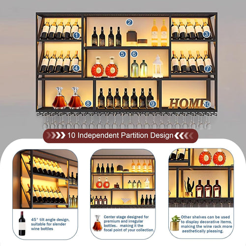 3 Tier Large Wine Rack Wall Mounted with Glass Holder, Black Modern Iron Liquor Shelf, 51.1 Inch Large Wine Bottle Display Shelf, for Kitchen Dining, Home Bar, Cellar (51.1" W)