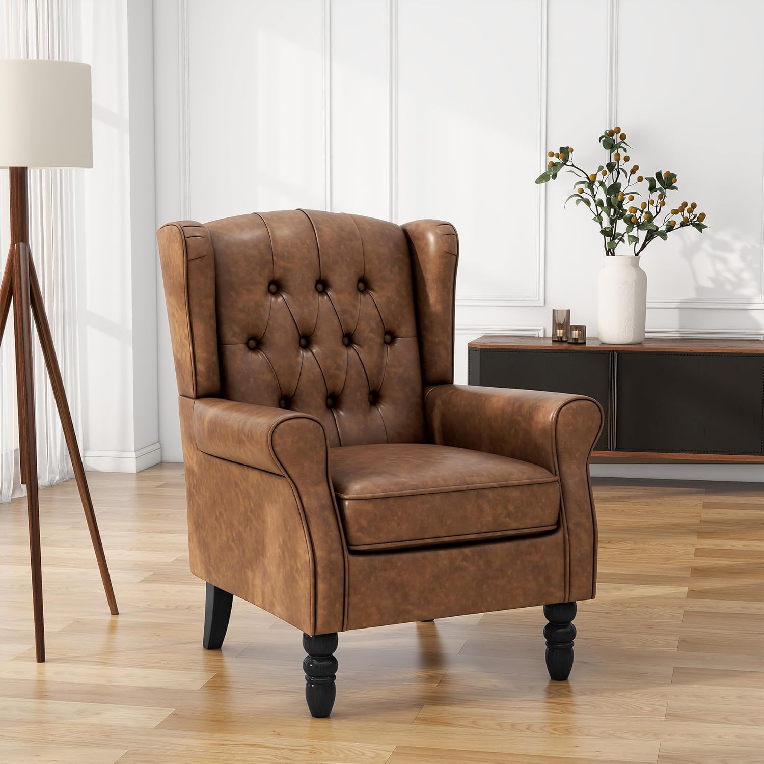 PU Leahter Wingback Accent Chairs Set of 2, High Back Armchair, Brown | Modern Tufted Upholstered Reading Seat with Wooden Legs & Removable Cushion | Comfy Single Sofa for Living Room, Bedroom