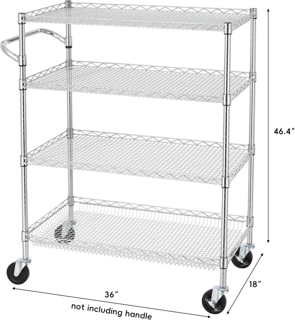 Finnhomy 4 Tier Heavy Duty Commercial Grade Rolling Cart with Handle Bar, Metal Wire Utility Cart with Wheels, Kitchen Service Trolley on Wheels, Shelf Size 18" D x 36" W, NSF, Chrome