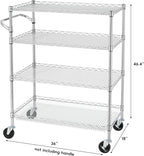 Finnhomy 4 Tier Heavy Duty Commercial Grade Rolling Cart with Handle Bar, Metal Wire Utility Cart with Wheels, Kitchen Service Trolley on Wheels, Shelf Size 18" D x 36" W, NSF, Chrome