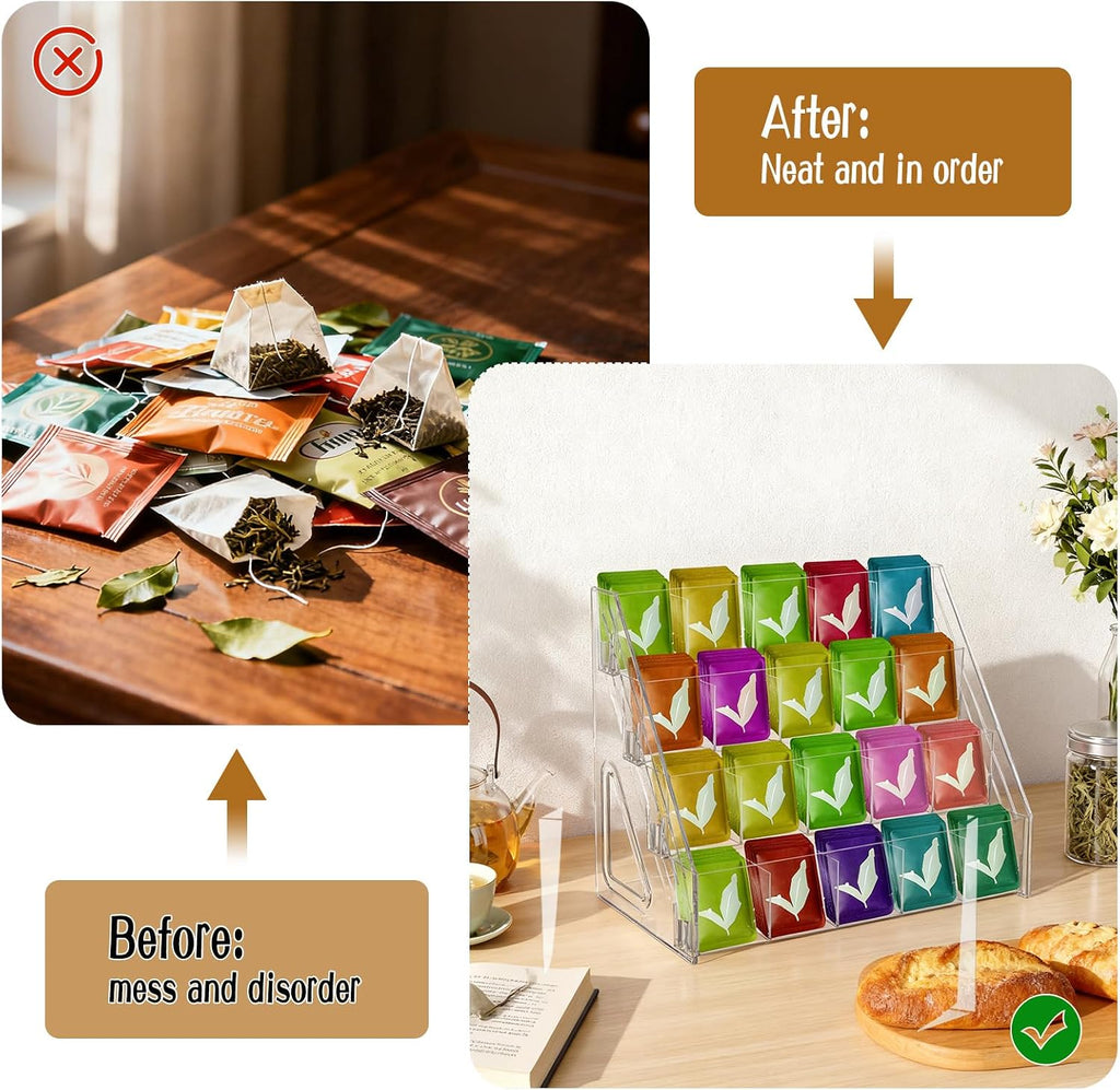 Tea Bag Organizer Display Stand, 4 Tier Clear Acrylic Tea Packet Storage Holder for Kitchen Countertop Cabinet Pantry Office Tea Bag, Coffee, Sugar Packets, Creamers Organization