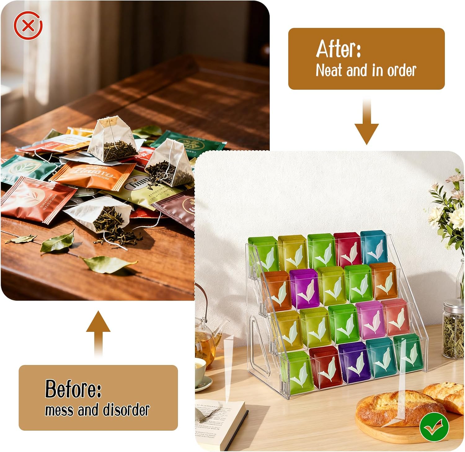 Tea Bag Organizer Display Stand, 4 Tier Clear Acrylic Tea Packet Storage Holder for Kitchen Countertop Cabinet Pantry Office Tea Bag, Coffee, Sugar Packets, Creamers Organization