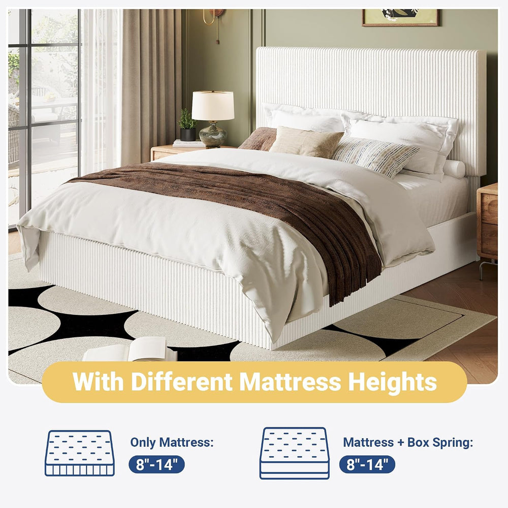 Allewie Queen Bed Frame, Adjustable Corduroy Headboard, Platform, White