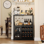 GarveeHome Wine Bar Cabinet with LED Lights, Liquor Cabinet with Storage | 3-Tier Coffee Bar Cabinet with Wine Rack, Glass Holder & Mesh Door, Sideboard Buffet Bar for Living Room, Dining Room, Black