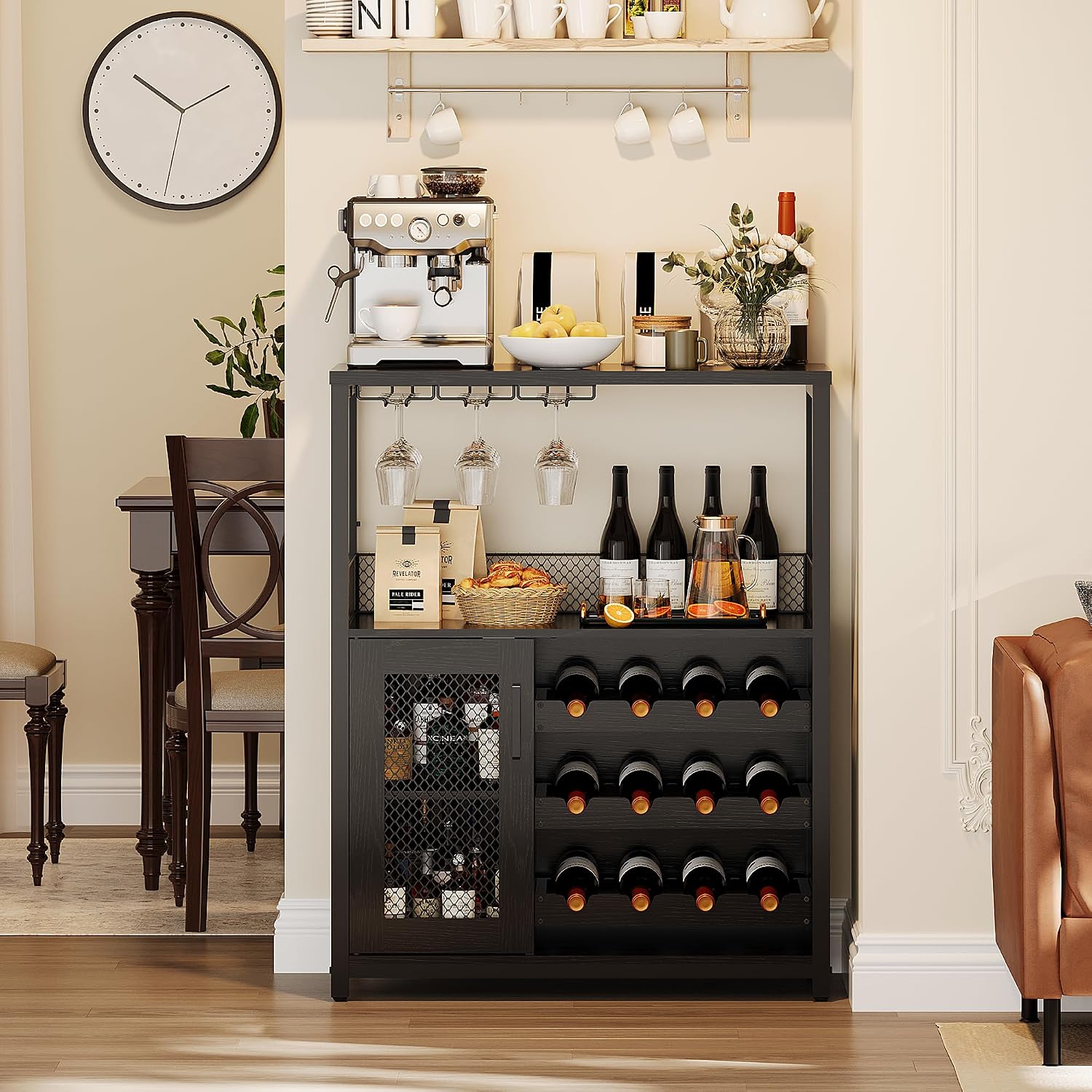 GarveeHome Wine Bar Cabinet with LED Lights, Liquor Cabinet with Storage | 3-Tier Coffee Bar Cabinet with Wine Rack, Glass Holder & Mesh Door, Sideboard Buffet Bar for Living Room, Dining Room, Black