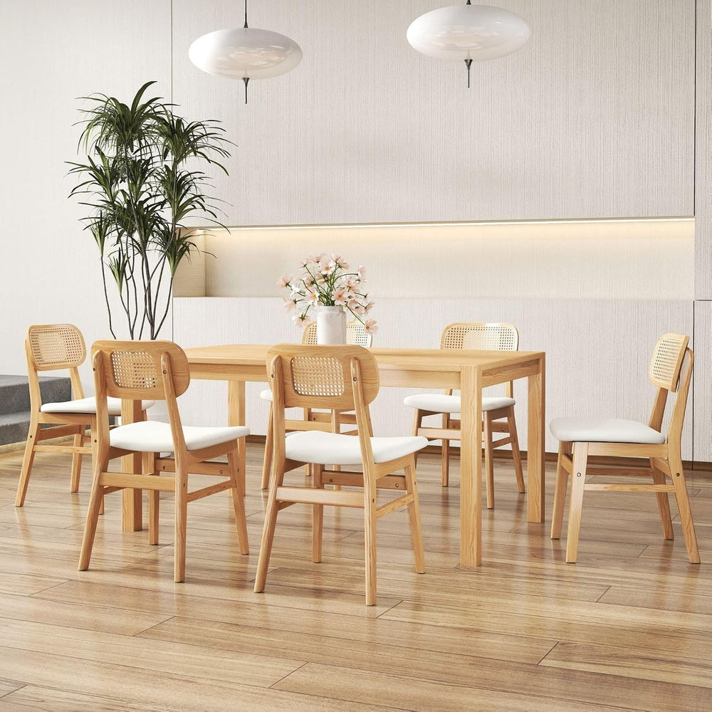 ROCITY Rattan Dining Chairs Set of 6 White Lambswool Dining Room Chairs Natur...