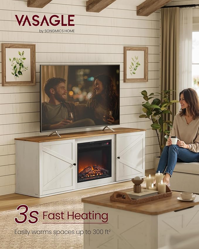 VASAGLE Fireplace TV Stand for TVs up to 80 Inches, 18-Inch ELectric Fireplace with Remote, Farmhouse Entertainment Center, Media Console Table for Living Room, Rustic White and Honey Brown ULTV541W01