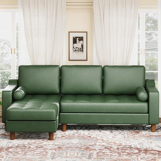 GarveeHome 88.9" L-Shape Sofa&Couch with Convertible Chaise, Sectional Sofa with Deep Seat, Modern Mid-Century Sofa for Living Room, 3 Seat Comfy Leather Couch, Green