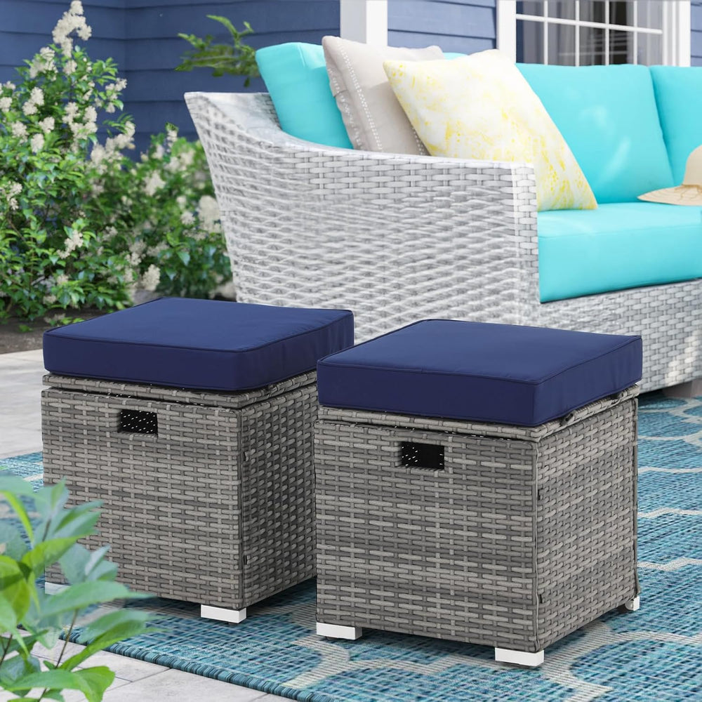 Patiorama 2 Piece Outdoor Patio Ottoman with Storage, Wicker, Navy Blue