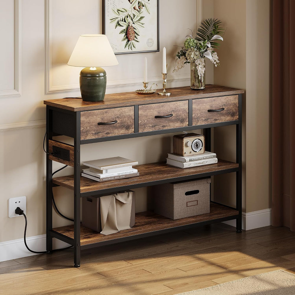 2 Pack Entryway Table with Outlets, 3 Fabric Drawers, 43in | 43.3"W x 11...