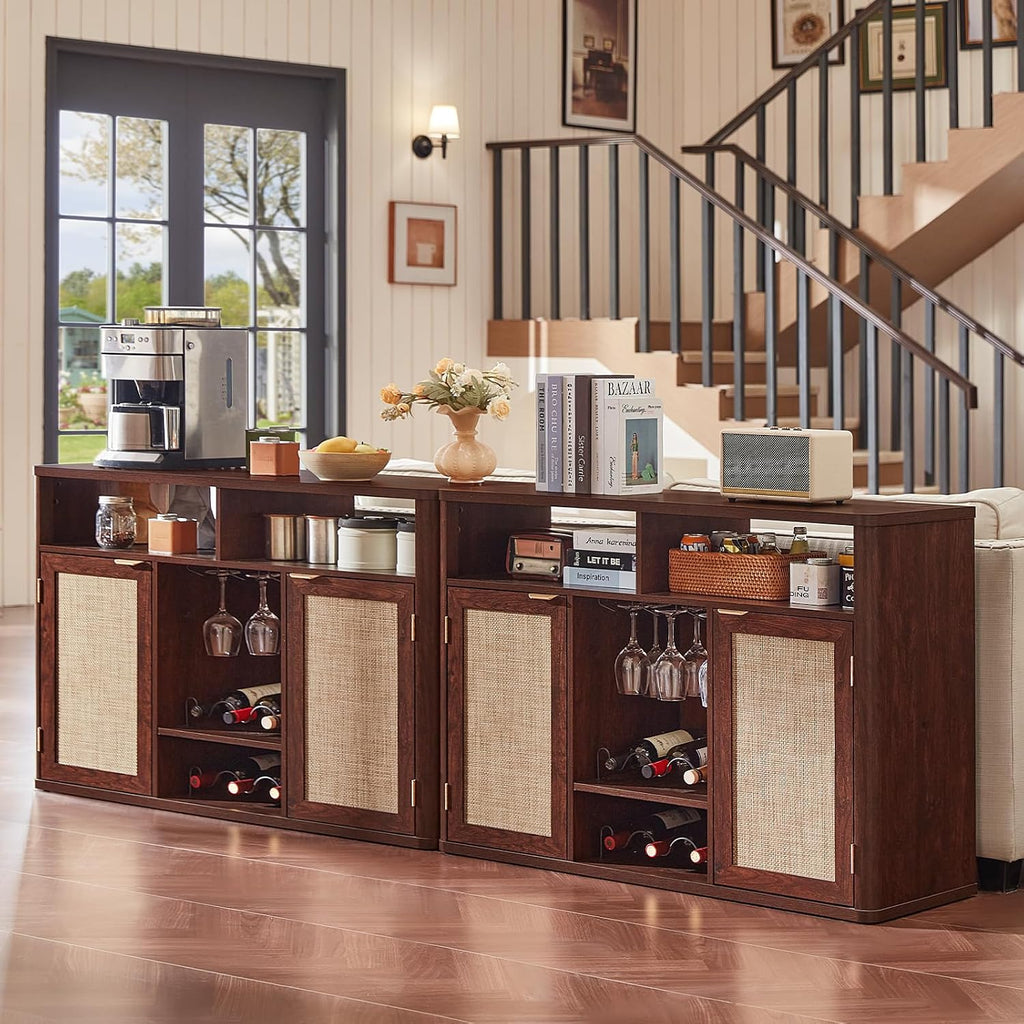 Lerliuo Rattan Wine Bar Cabinet with 2 Doors, Walnut | Boho Liquor Cabinet with Wine Racks & 2 Open Shelves & Rounded Corners for Living Room, Dining Room, Kitchen