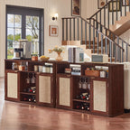 Lerliuo Rattan Wine Bar Cabinet with 2 Doors, Walnut | Boho Liquor Cabinet with Wine Racks & 2 Open Shelves & Rounded Corners for Living Room, Dining Room, Kitchen