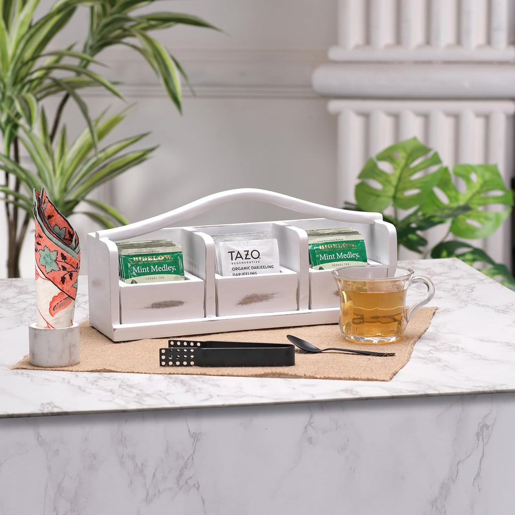 Wooden Tea Bag Organizer | Farmhouse Finish | 3-Compartment Storage | Countertop | Accessories: Tea Bag Squeezer, Natural Jute Placemat, Tea Spoon, Wooden Napkin Ring