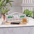 Wooden Tea Bag Organizer | Farmhouse Finish | 3-Compartment Storage | Countertop | Accessories: Tea Bag Squeezer, Natural Jute Placemat, Tea Spoon, Wooden Napkin Ring