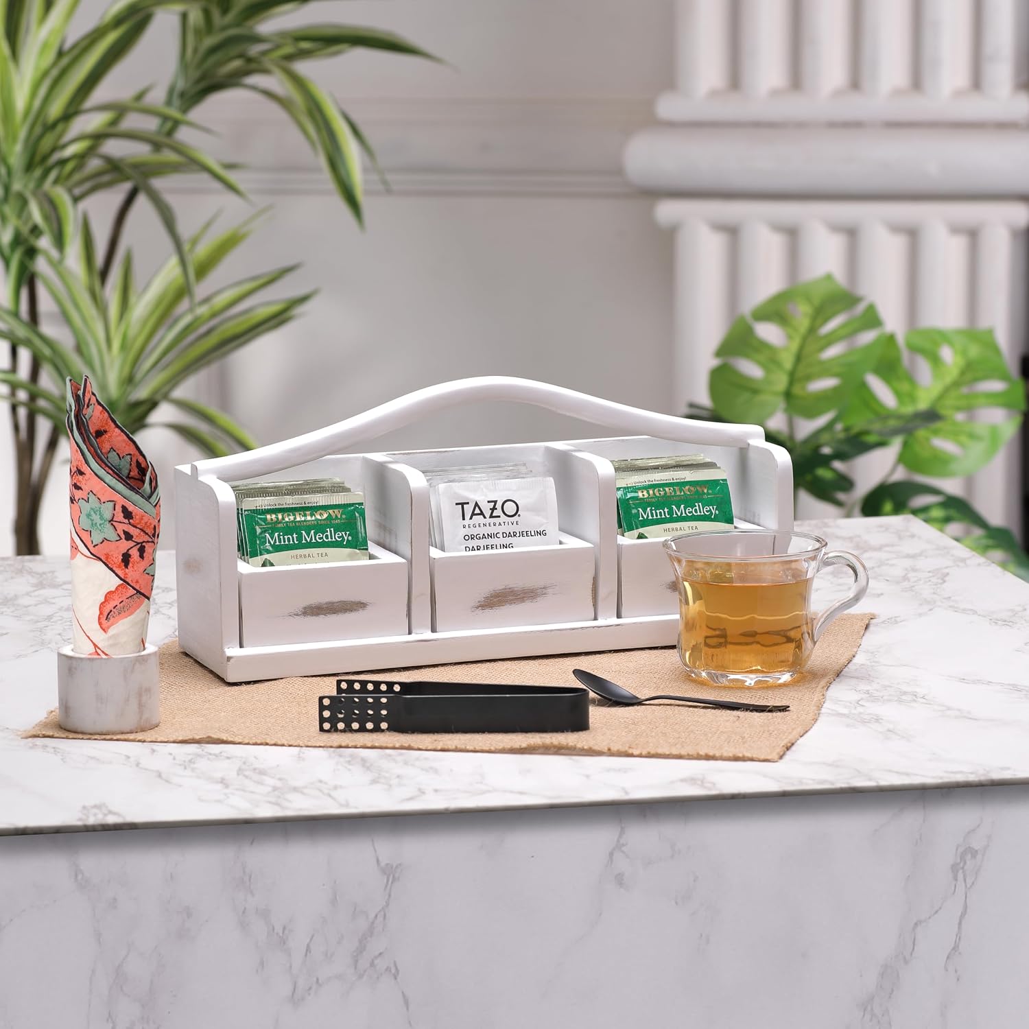 Wooden Tea Bag Organizer | Farmhouse Finish | 3-Compartment Storage | Countertop | Accessories: Tea Bag Squeezer, Natural Jute Placemat, Tea Spoon, Wooden Napkin Ring