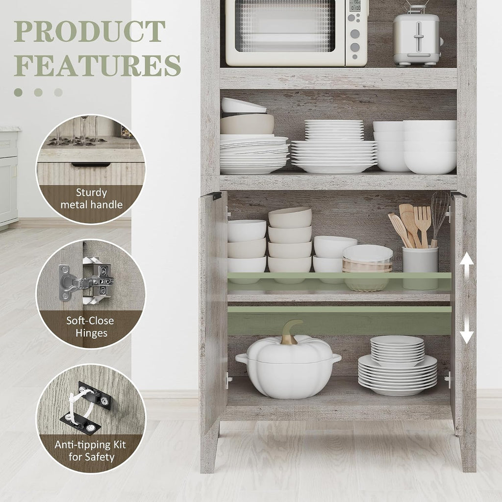 blini 70" Tall Arched Cabinet, Wooden Kitchen Pantry Arched Cabinet with Fluted Doors Versatile Kitchen Hutch Storage Organizer for Dining Room