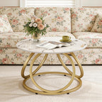 O&K FURNITURE Modern Gold Coffee Table, Faux Marble Pattern Center Table with Sintered Stone Tabletop, Round Coffee Table Living Room & Home Office