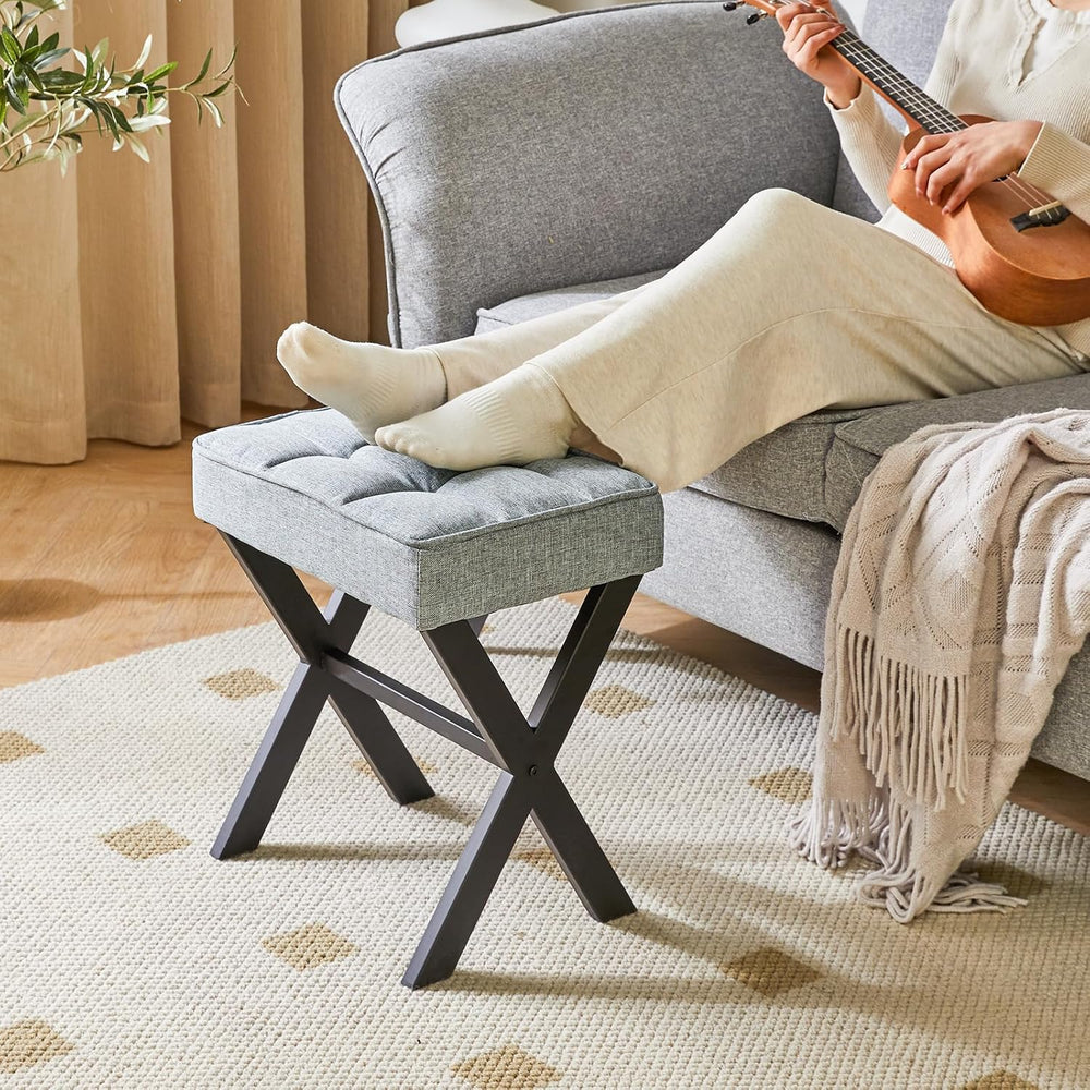 IBUYKE Square Makeup Stool with X-Leg, Linen Vanity Chair, Blue Gray LG-70L