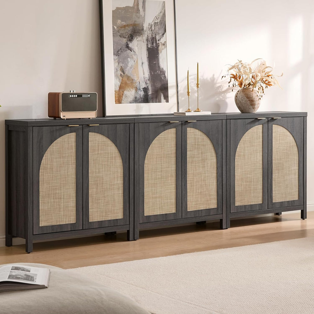 SICOTAS 102"W Rattan Sideboard Buffet Cabinet Set of 3, Modern Credenza ...