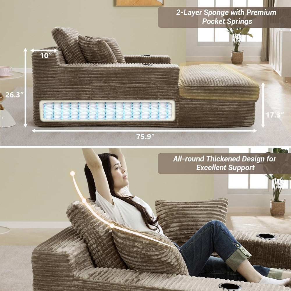 49" x 76" Corduroy Chaise Lounge, Cup Holders, Camel | Super-oversi...
